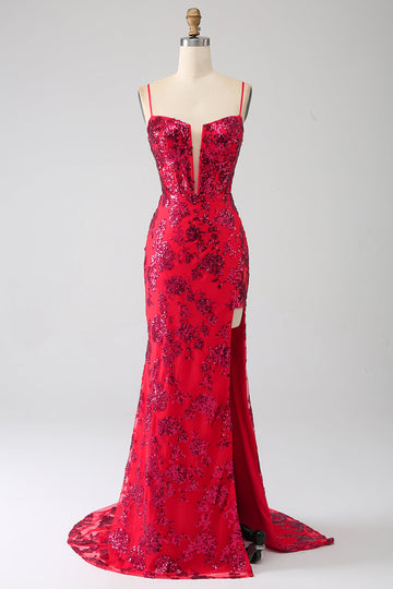 Mermaid rosso scuro paillettes abito da ballo con fessura